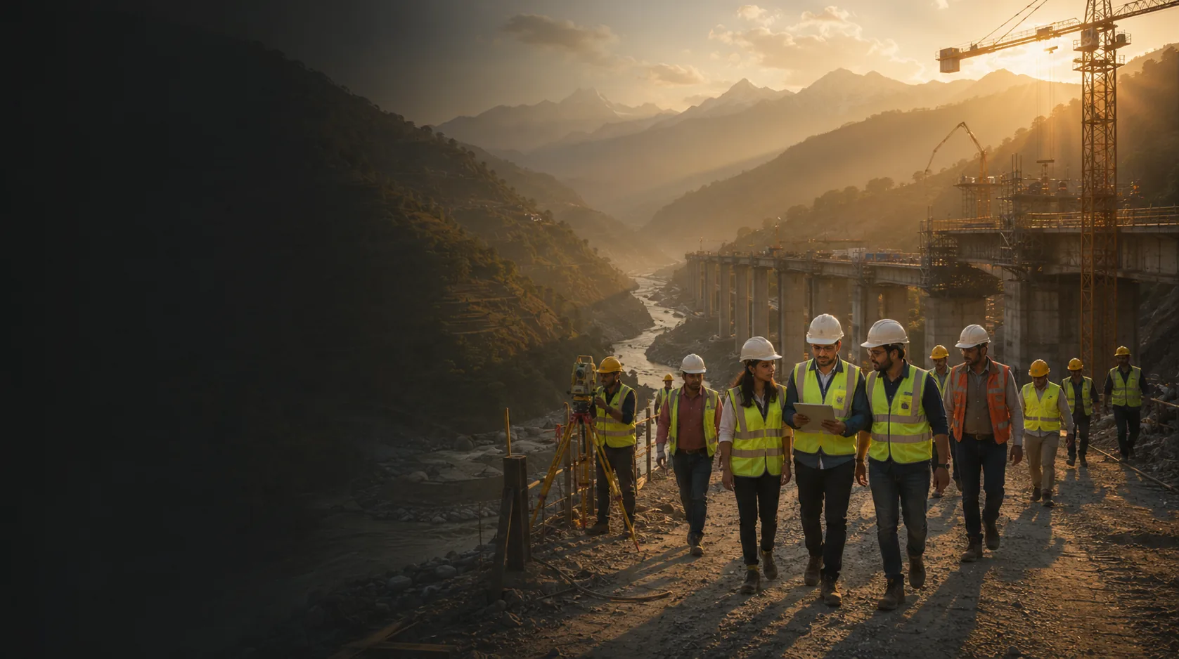 OSRC engineers and site crew walking a Himalayan bridge site at sunrise