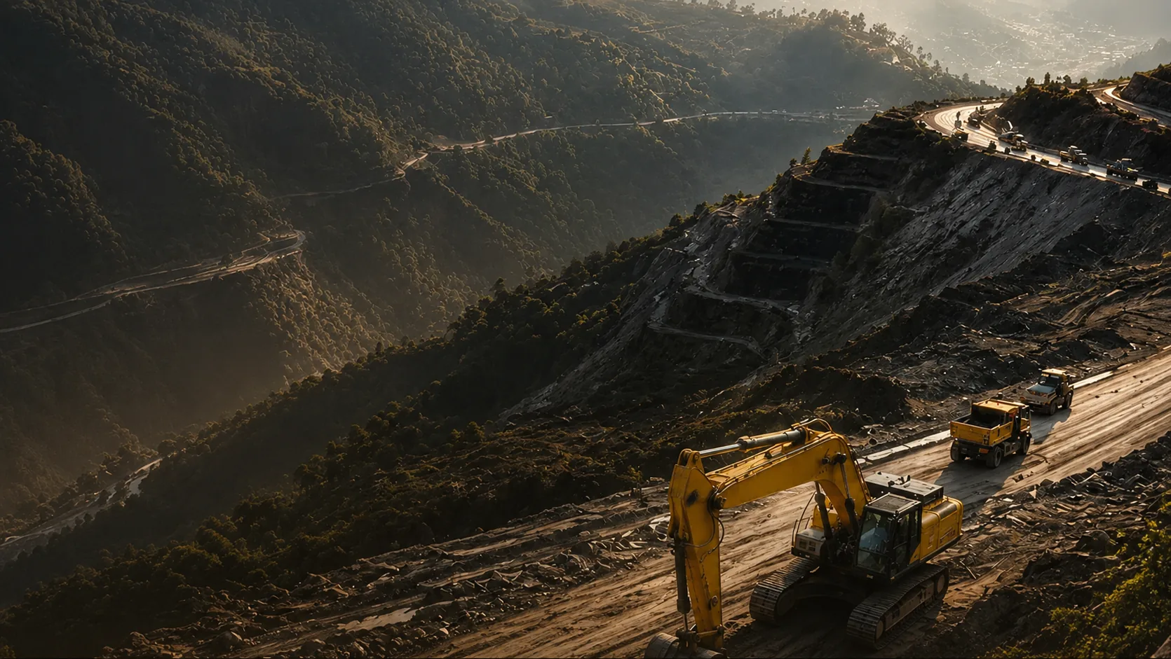 OSRC excavator building a mountain highway through the Nepali hills at dusk